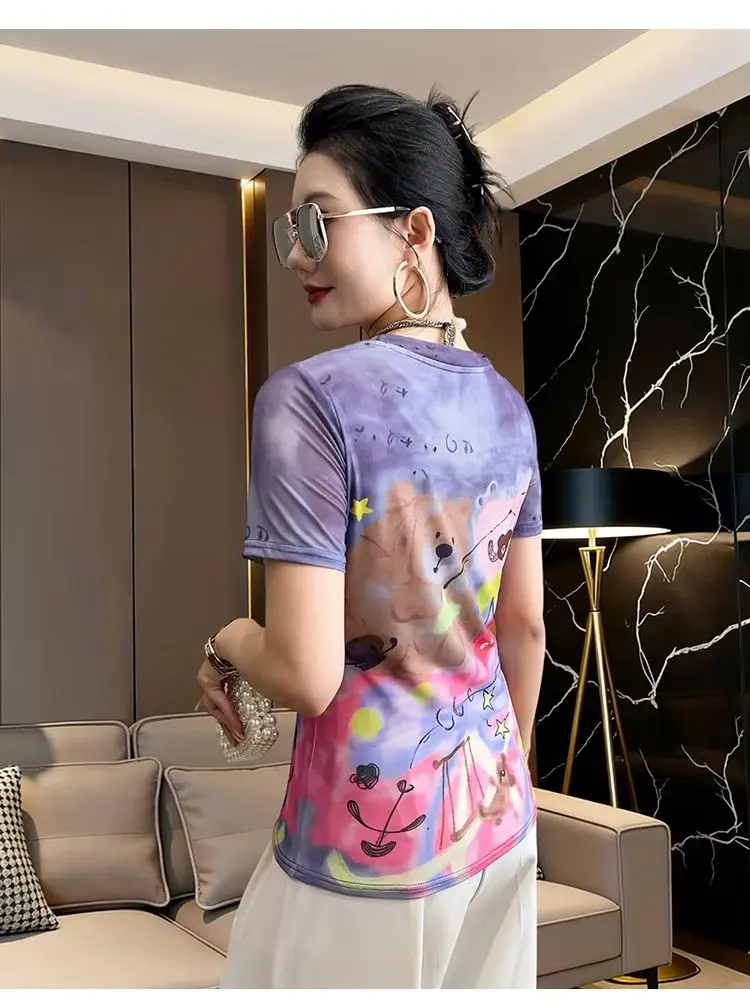 Women's Summer Cartoon Print Mesh Short Sleeve T-Shirt, Ombre Gradient Blouse, Youthful & Flattering Casual Top, Trendy 2026