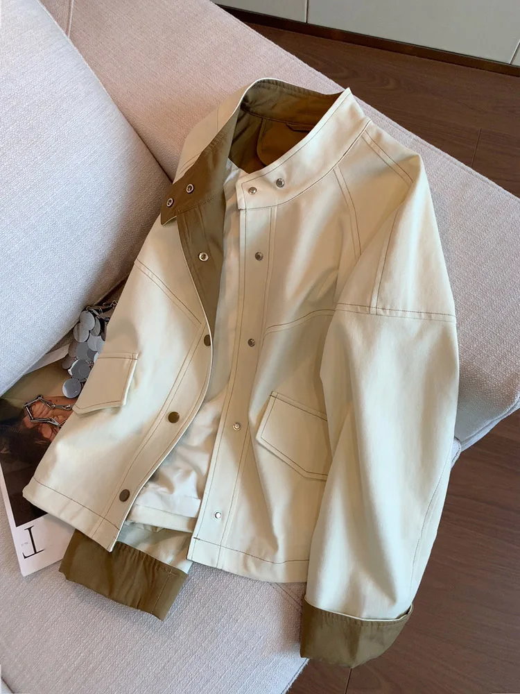 

Ретро корейский лоскутный цветной строчки с воротником-стойкой, джет, мужской свободный повседневный топ, американский осенний модный бренд