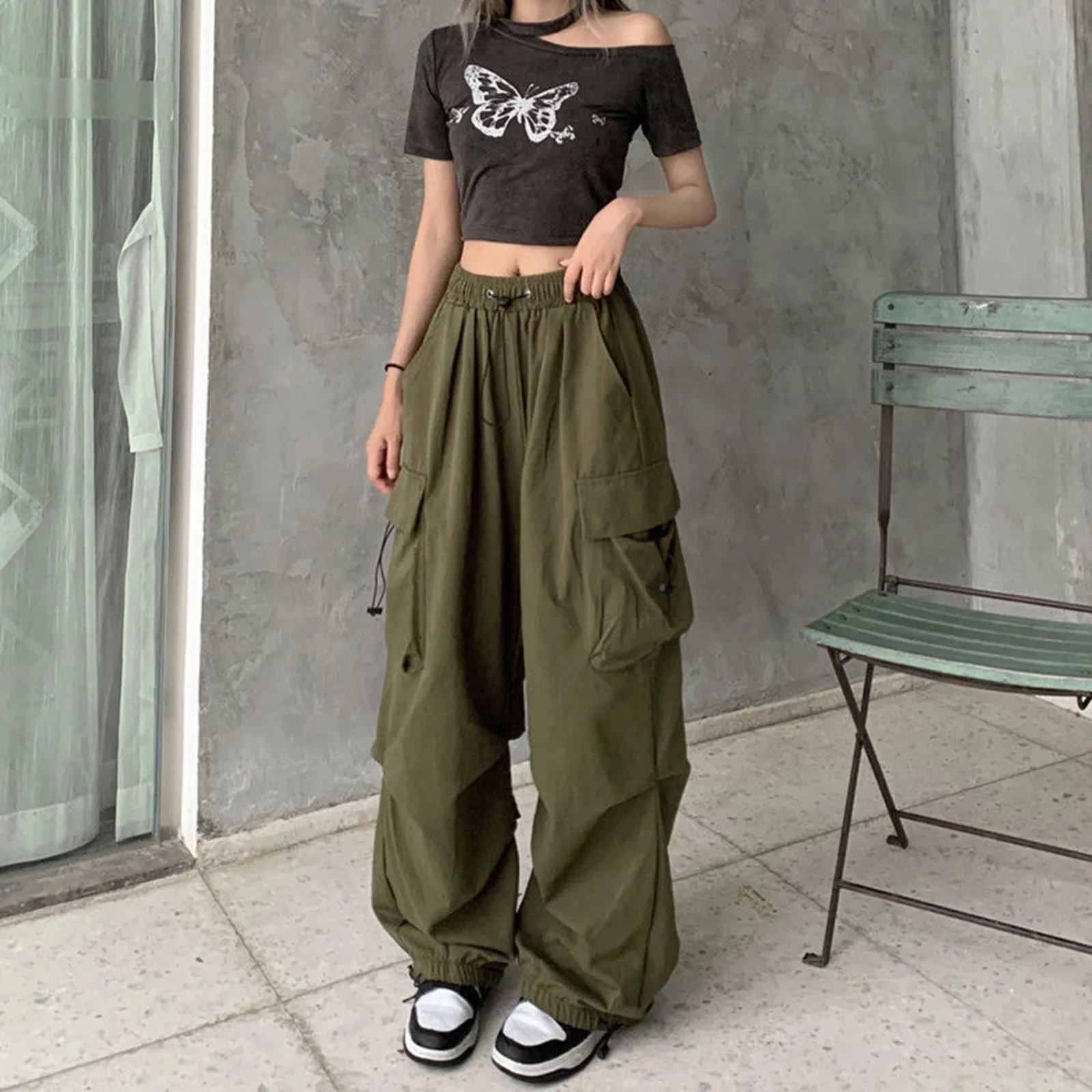 

Women Casual Joggers Tech Pants Solid Low Waist Pants Drawstring Wide Leg Breathable Oversize Pockets Joggers Trousers Sweatpant