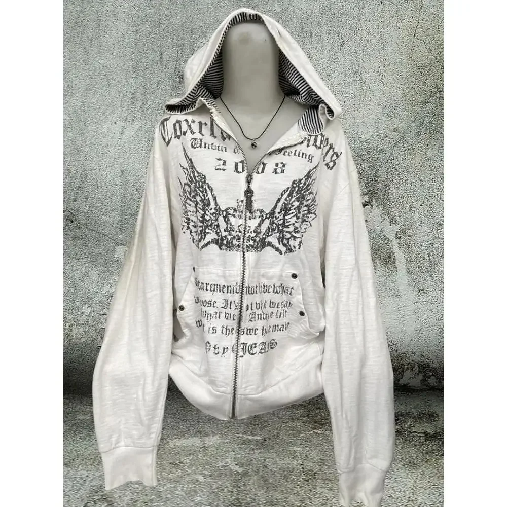 Vintage Sweatshirts 2024 Women\'s Clothes White Print Tunic Hooded Y2k Coat Streetwear Fashion Casual Hoodies Tops Ropa Mujer