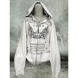 Vintage Sweatshirts 2024 Women's Clothes White Print Tunic Hooded Y2k Coat Streetwear Fashion Casual Hoodies Tops Ropa Mujer