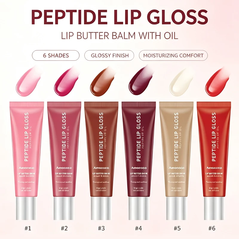 Amococo 2pcs Plumping Peptide Lip Oil 6 Colors Tinted Gloss Hydrating Non-Sticky Shine Butter Balm
