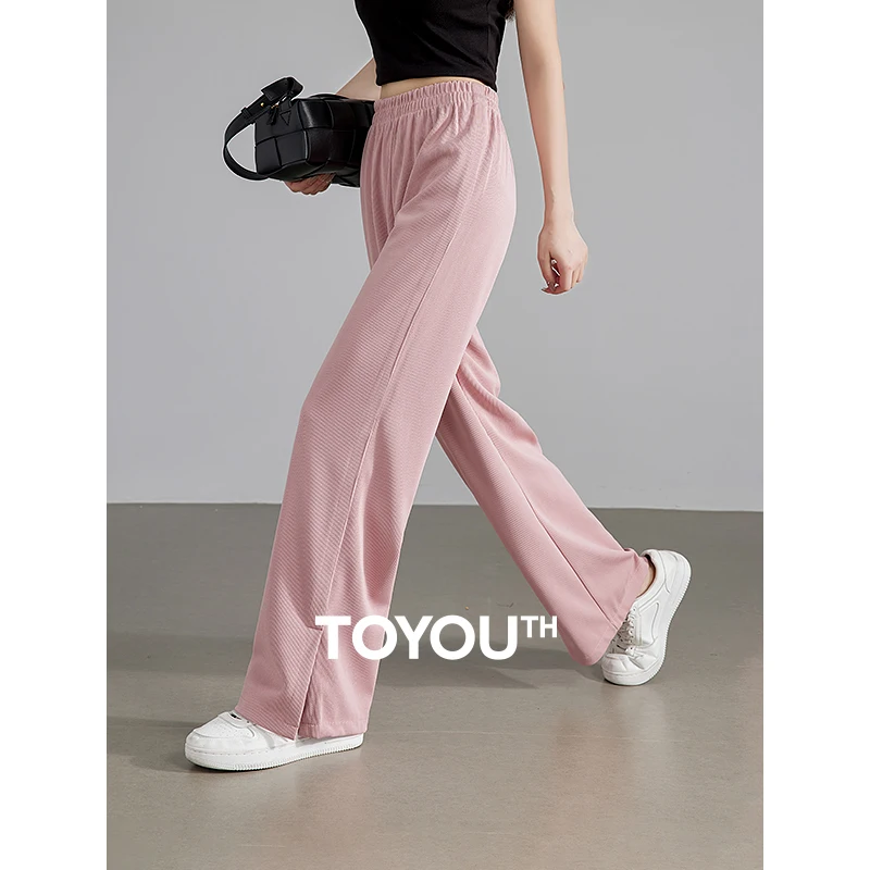 TOYOUTH Women Casual Pants 2024 Summer New Open Slit Straight Wide Leg Trouser Long Pants