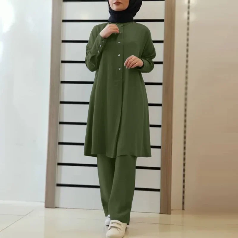

Muslim New Shirt Trousers Set Solid Color Two-piece Casual Slacks Set Single Breasted Button & Pants