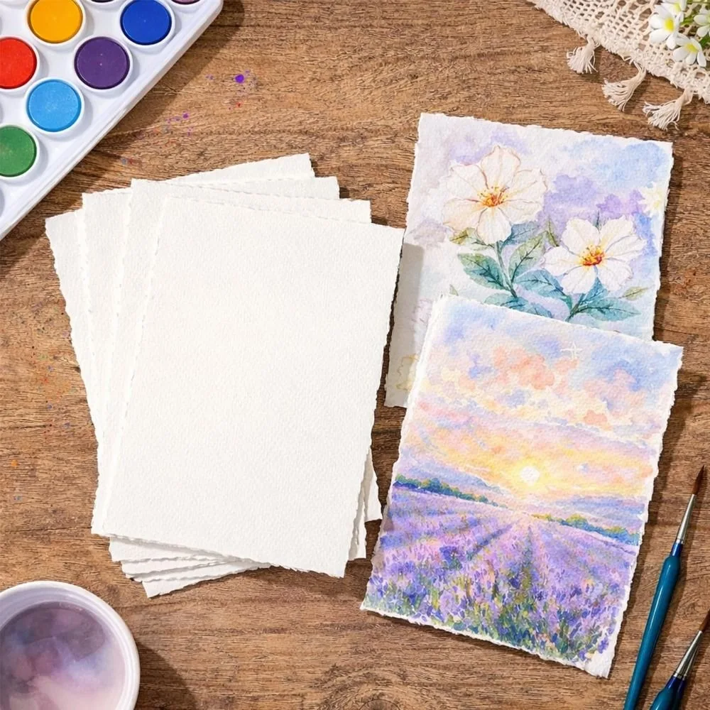Retro 20 Sheets Watercolor Paper Blank Rough/Textured Painting Paper Handmade Hairy Edge Cotton Paper White Textured Paper
