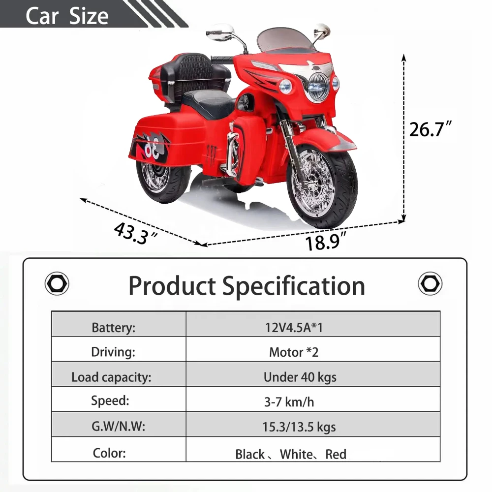 12-V-Zweisitzer-Kindermotorrad mit Schlüsselstart/3-Rad-Scheinwerfer/Aufbewahrungsbox/Doppelmotor/zwei Sitze für Kinderautos, elektrisch in Fahrt