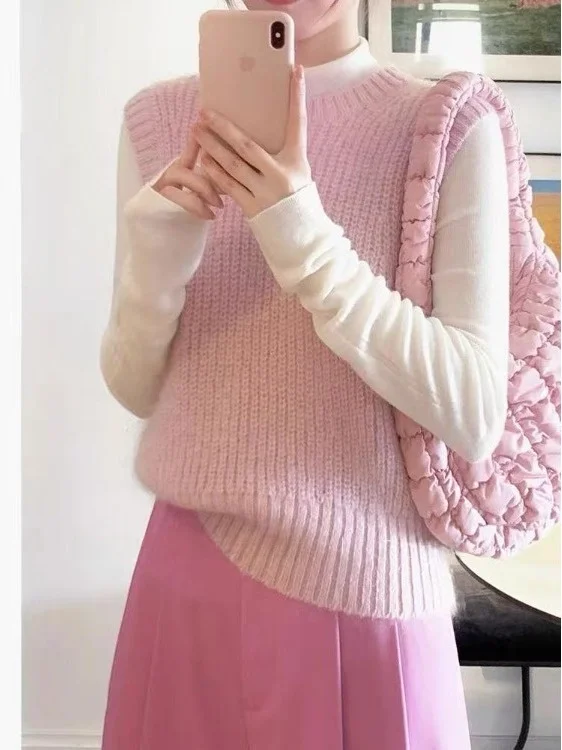 

Soft Korean Sle Women's Sweater Vest Svel round Ne Pure Color Knitted Top Slim Fit Autumn Winter New Arrival