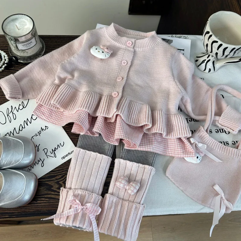 

Korean Style Plaid Sweater Cardigan Fashionable Trousers And Socks Set for Girls Autumn Collection Trendy Outfit for Kids
