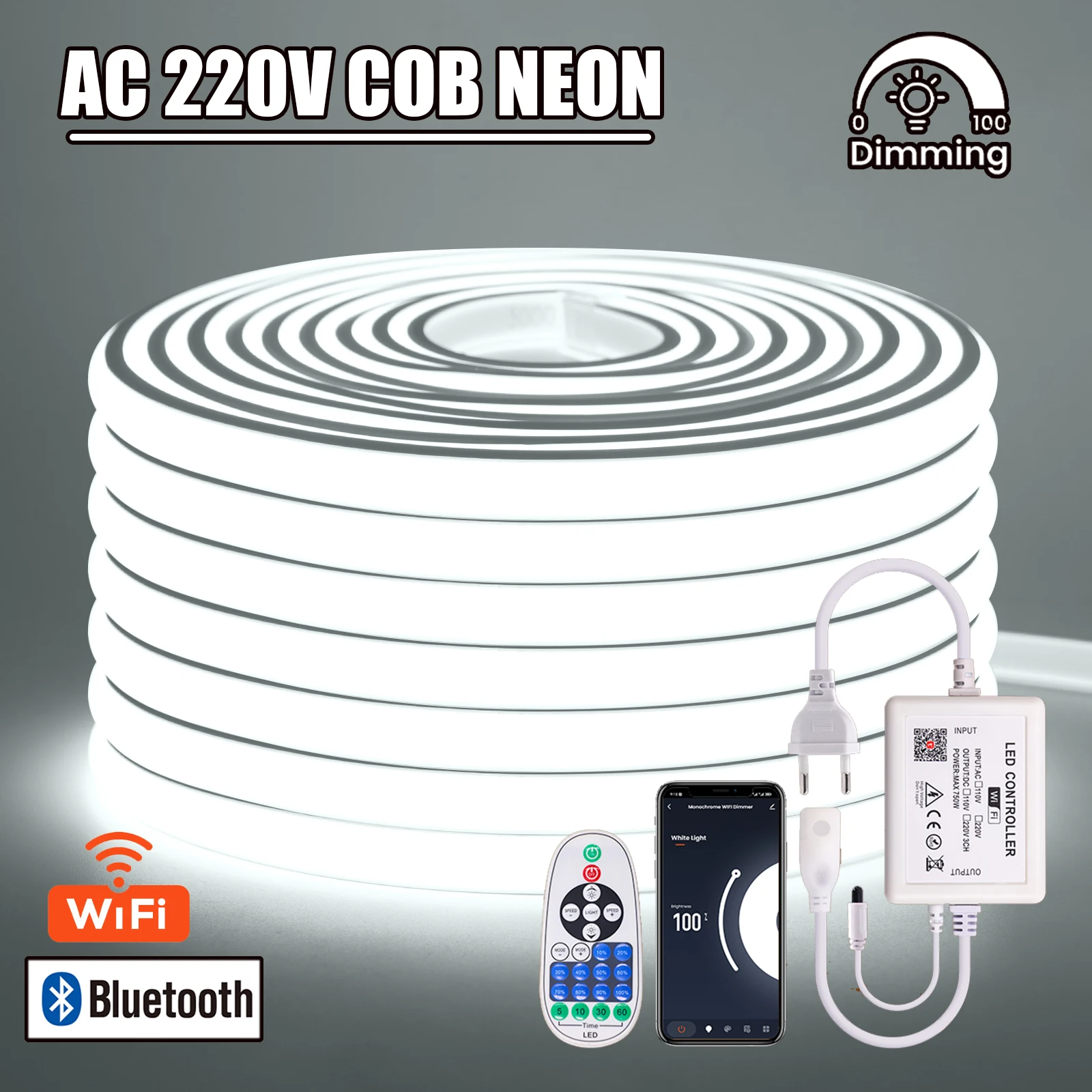

Регулируемая неоновая лента переменного тока 220 В COB IP65 Водонепроницаемая Tuya WIFI Bluetooth Гибкая лента в полоску Лента-цепочка Светодиодный светильник