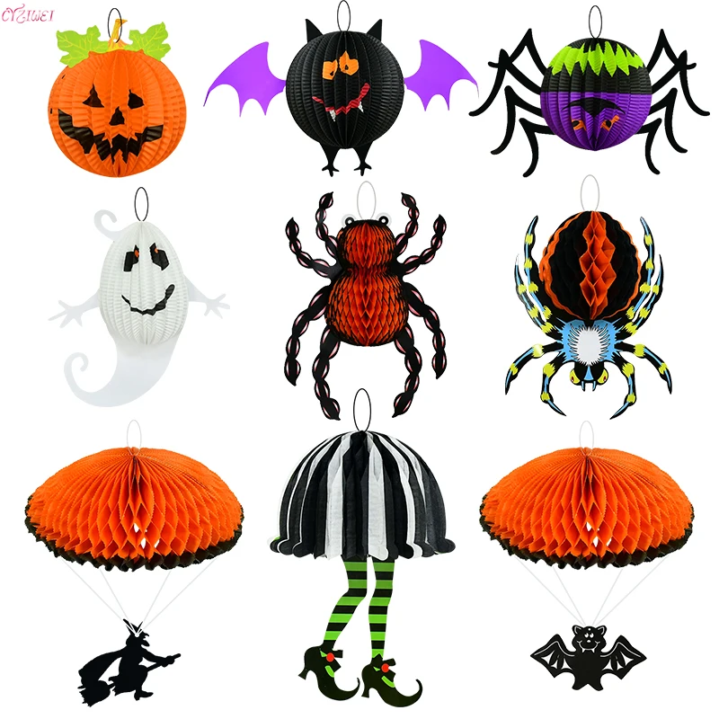 Halloween Paper Pumpkin Hanging Lights Lantern Pumpkin Ghost Spider Bat Shape Honeycomb Paper Balls Horror Halloween Decoration