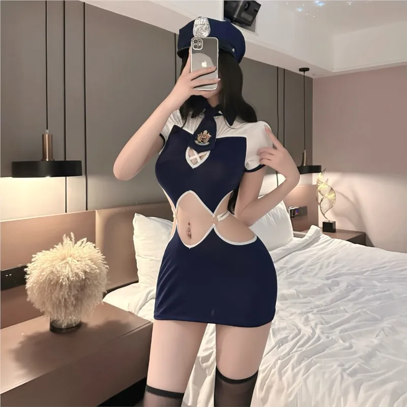 Lingerie erotis kostum seksi menggoda seragam polisi bermain peran wanita pakaian dalam wanita set pendek pakaian dalam anime xxx