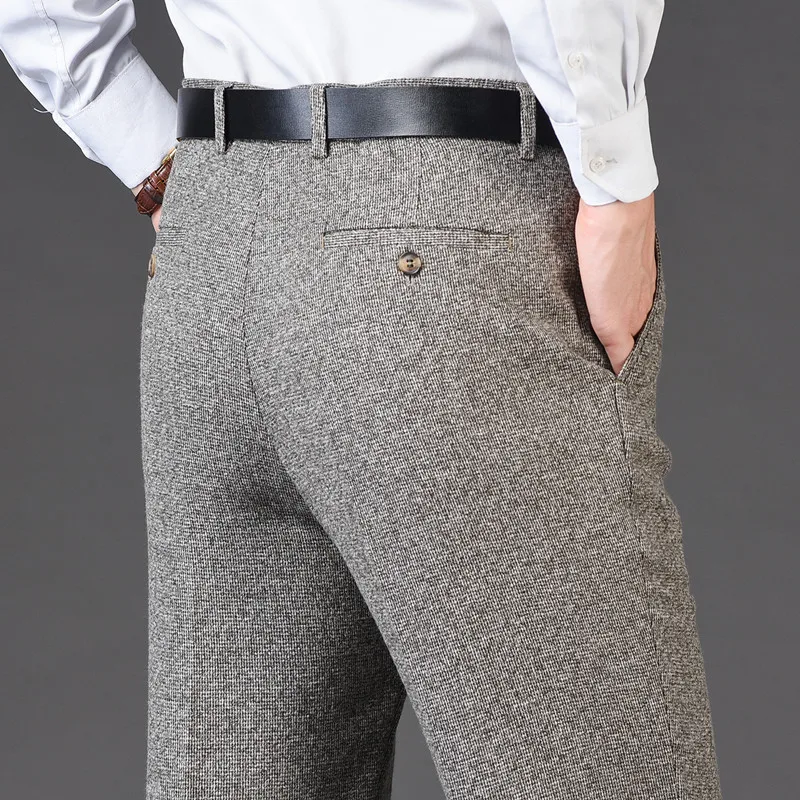 Flat Cashmere Suit Trouser For Male Loose Plaid Hight Waist Classic Straight Formal Mens Dress Pants Business Size 42 44