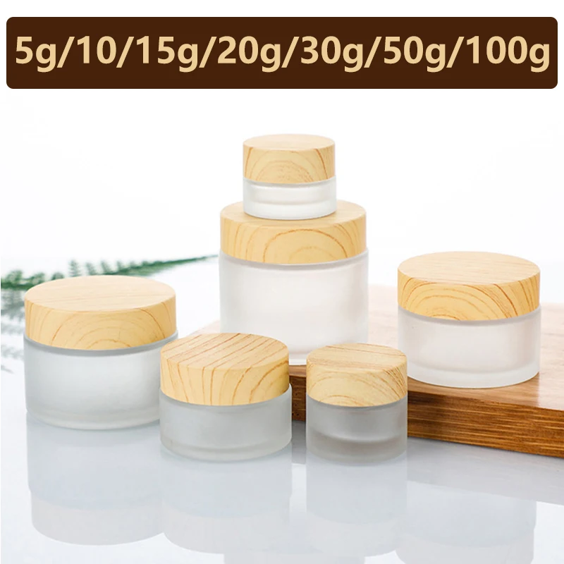 5g-100g Frosted Glass Bottle With Wood Lid Portable Empty Cream Jars Skin Care Gel Serum Container Cosmetic Dispenser Tool