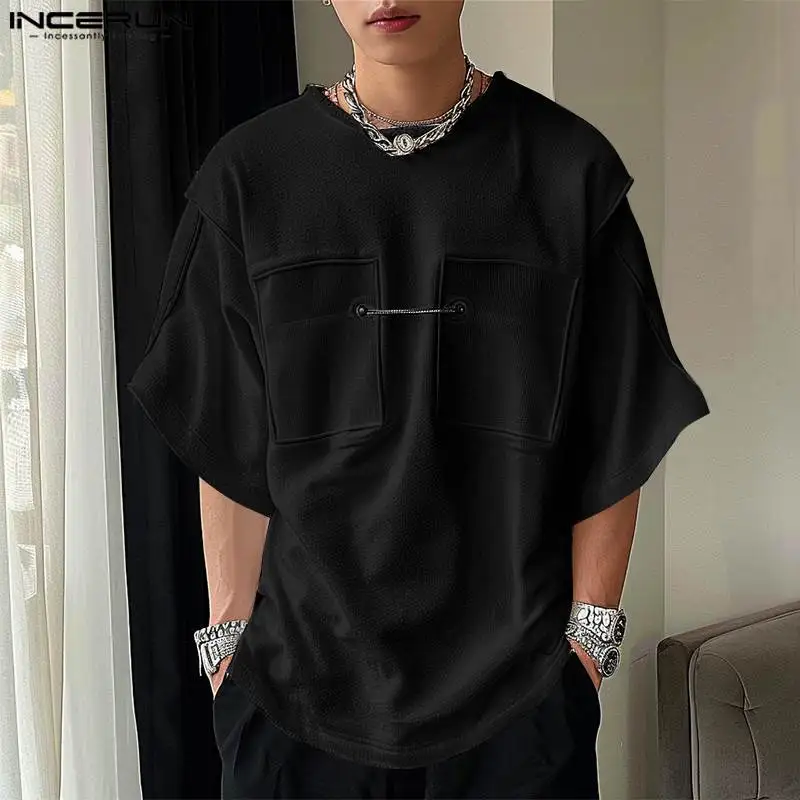 INCERUN Tops 2024 Fashion New Men's Metal Buckle Design Texture T-shirts Casual Streetwear Male Solid Mid Sleeve Camiseta S-5XL