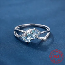 Female Real 925 Sterling Silver Aquamarine Oval Engagement Ring Solitaire Vintage Wedding Jewelry For Women