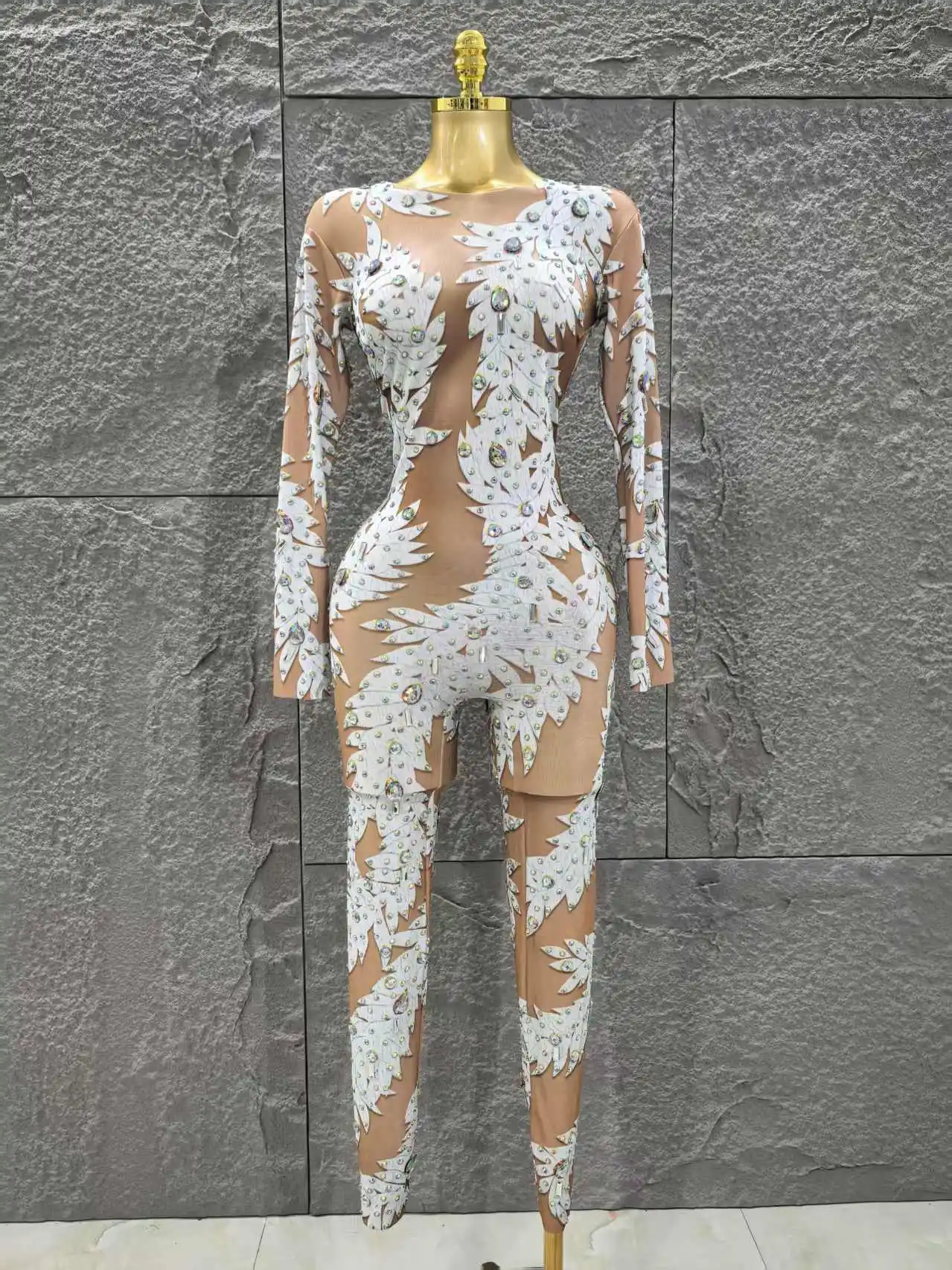 

Luxurious Wholesale Women Sexy Long Sleeve Shinning Rhinestones Bodycon Jumpsuit Celebrate Nightclub Party Performance Costume