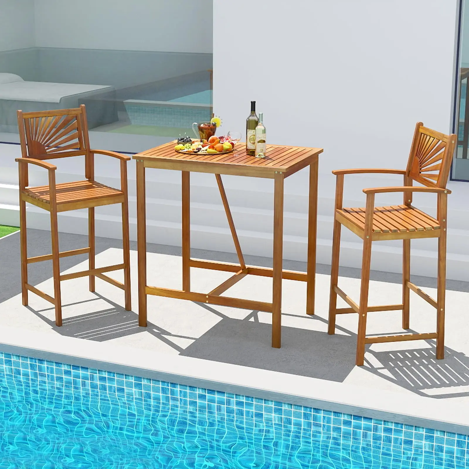 3 Piece Patio Bar Table & Chairs, Outdoor Acacia Wood Bar Set w/Slatted Seat & Tabletop, Wood Dining Bar Set
