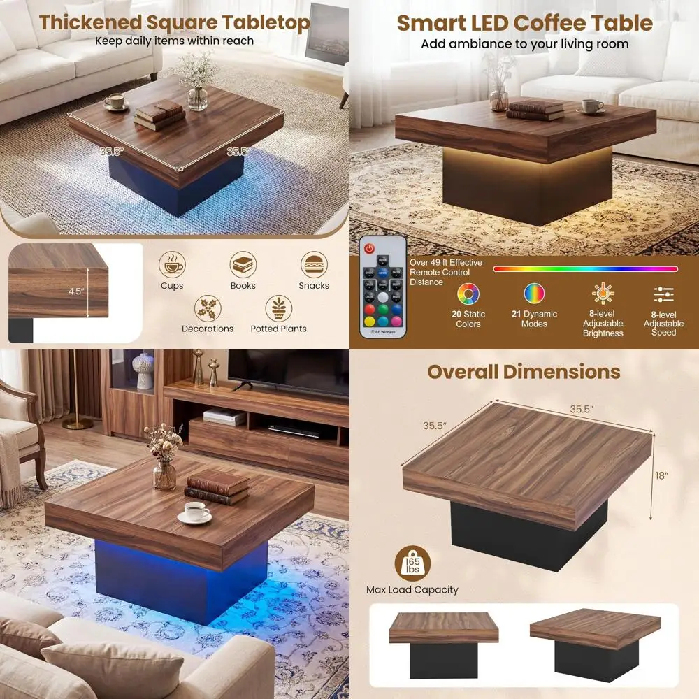 

Деревянный журнальный столик в деревенском стиле коричневого цвета со светодиодной подсветкой, местом для хранения, регулируемой подсветкой и пультом дистанционного управления