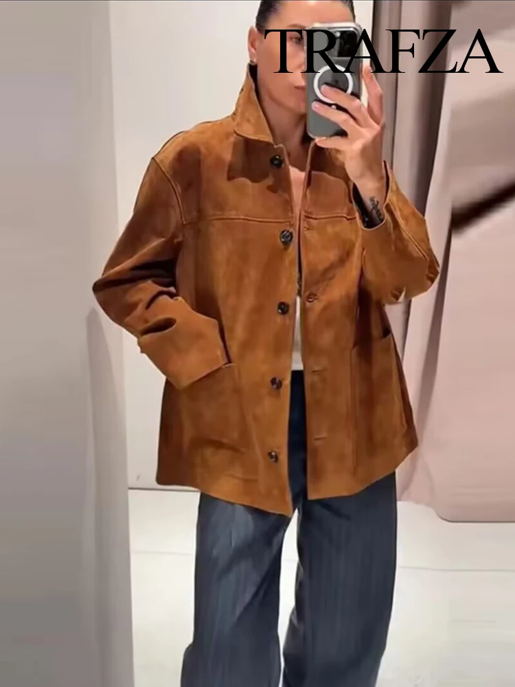 

TRAFZA Women's 2025 Autumn Fashion Reverse Vintage Lapel Pockets Jacket Female High Street Casual Versatile Long Sleeve Coat