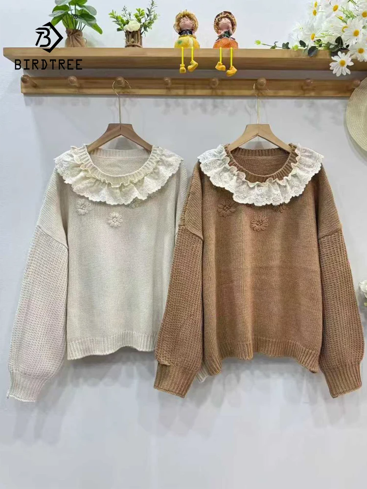 

Новый осенний свитер с длинными рукавами из смеси хлопка 2025, женский свитер с круглым вырезом и оборками, милый свободный вязаный пуловер Mori Girl T5O647CC