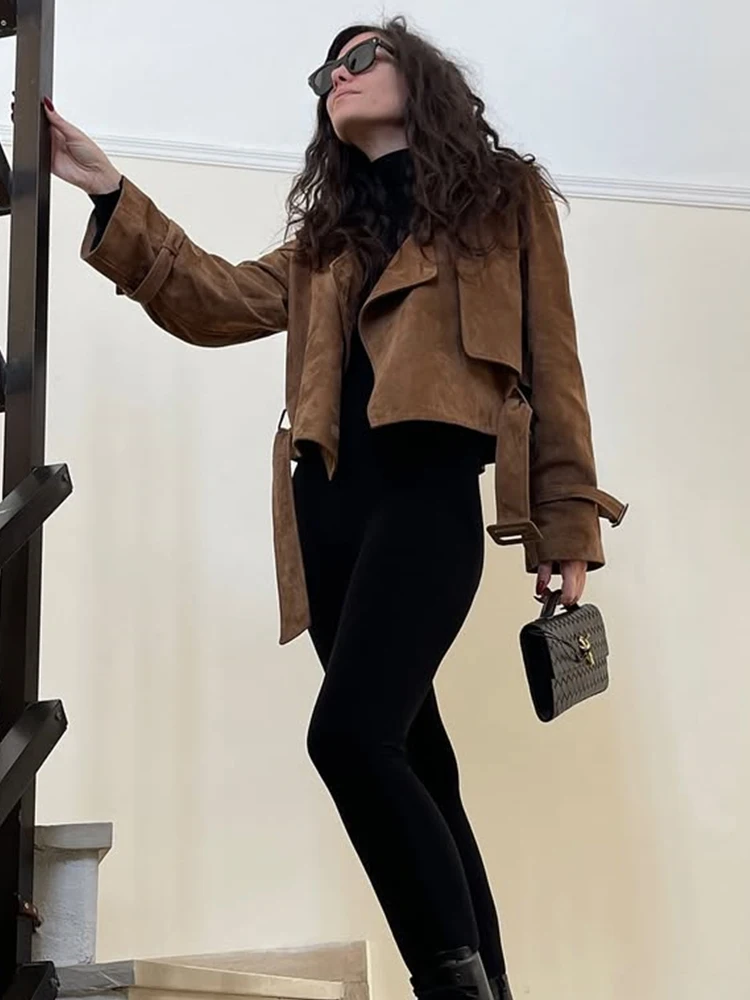 Jaket Pendek Wanita Trendix Musim Gugur Warna Cokelat Suede, Cardigan Kasual Modis dengan Patchwork dan Ikat Pinggang, Mantel Pendek Vintage untuk Aktivitas Jalanan dan Kerja