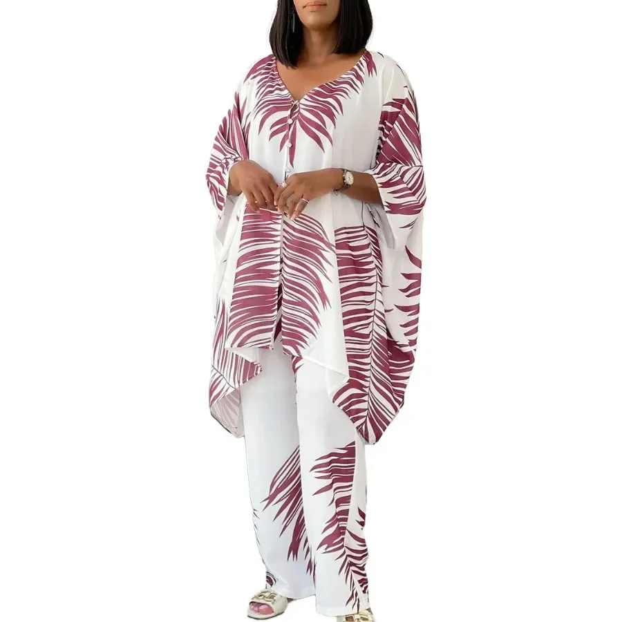 Ropa africana de 2 piezas para mujer, moda de verano, estampado de poliéster, Top blanco y amarillo, pantalón largo, conjuntos a juego, trajes tradicionales