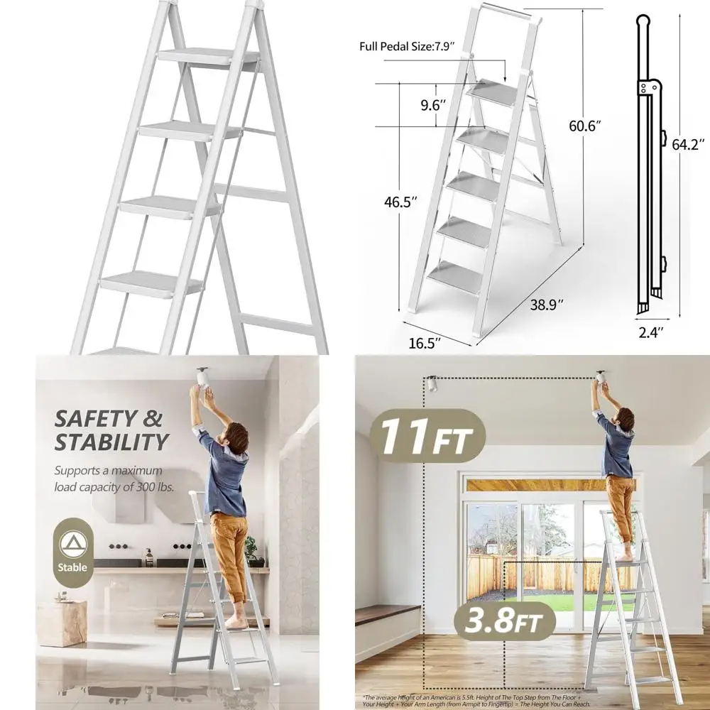 

White Foldable Ladder with Anti-Slip Treads for 10ft Ceilings, 300 lbs Capacity, Multipurpose Home Use