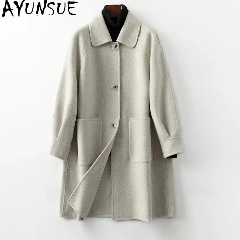 

Solid AYUNSUE Color 70% Wool Jacket for Women Fall Winter Mid-length en Coat Fashion Double-sided Coats and Jackets