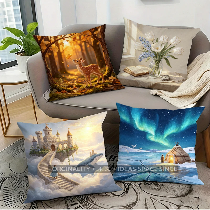 2D Fantasy Scenic Throw Pillow Covers Pattern Cushion Cover Suitable for Sofa Bedroom Car Pillow Cover