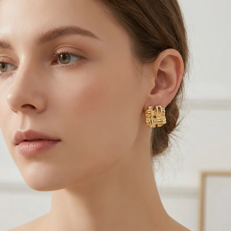 Kalen Stainless Steel Interwoven Bar Ear Stud Two Color Textured Geometric Cross Earrings For Women Ladies Fashion Jewelry