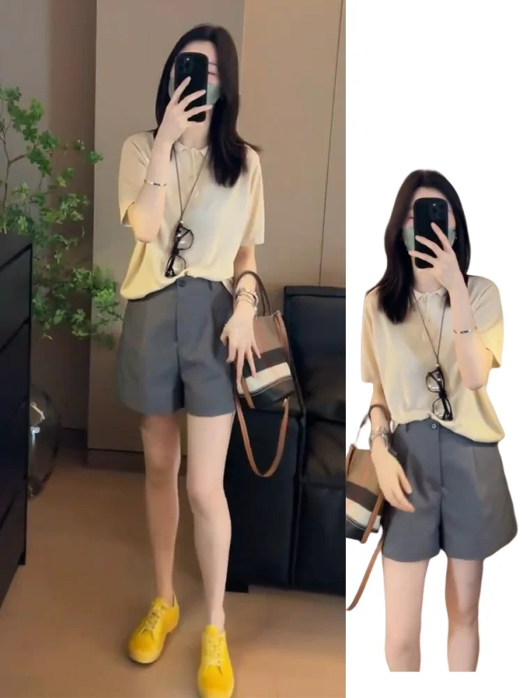 

Fashionable Neck Short Sleeve T-Shirt And High Waist Shorts Set High Waist Short Length Two Piece Suit for Women Summer ...