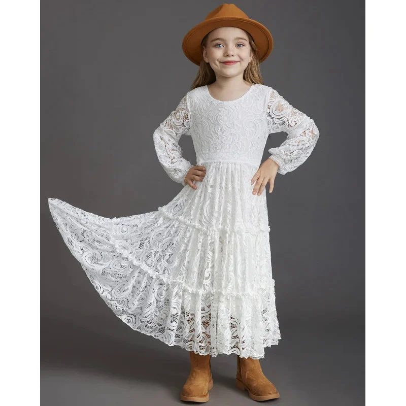 Girls lace long sleeve pink white dress baby kids Bohemia elegant princess party vestidos costumes children clothing for 3-12y
