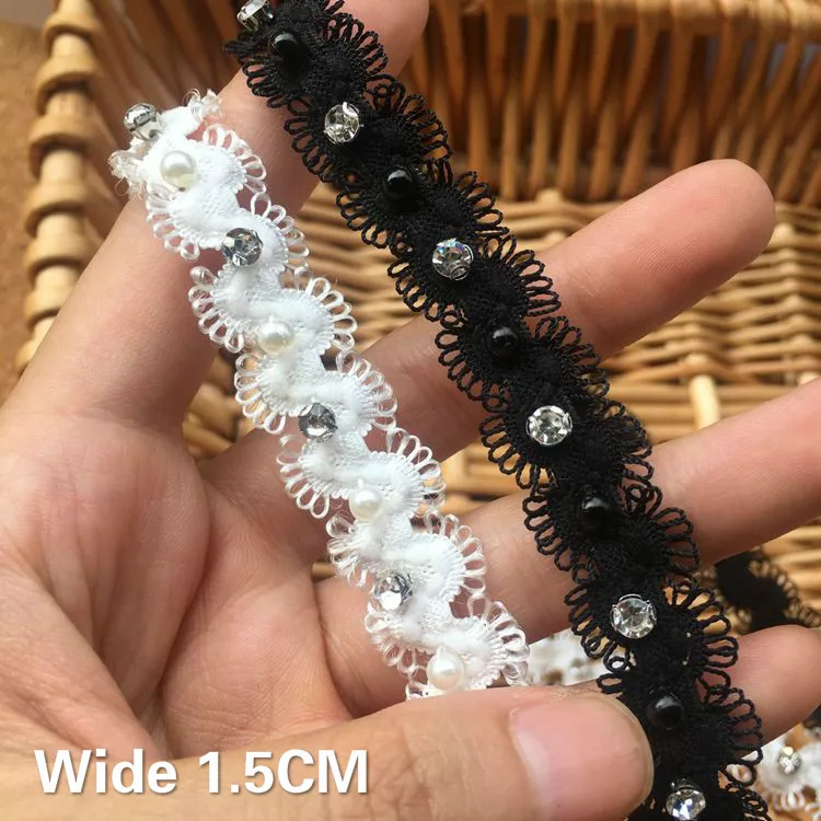 1.5CM Wide Glitter 3D Beaded Rhinestone Lace Fabric Embroidered Ribbon Collar Applique Trim Wedding Dress Skirts Sewing Decor