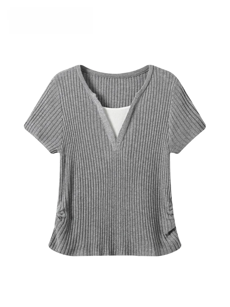 

plus Size Short Sleeve T-Shirt Women's Summer New Fashion Padded Upper Body Trendy Casual Style V-Neck Polyester Fiber Club