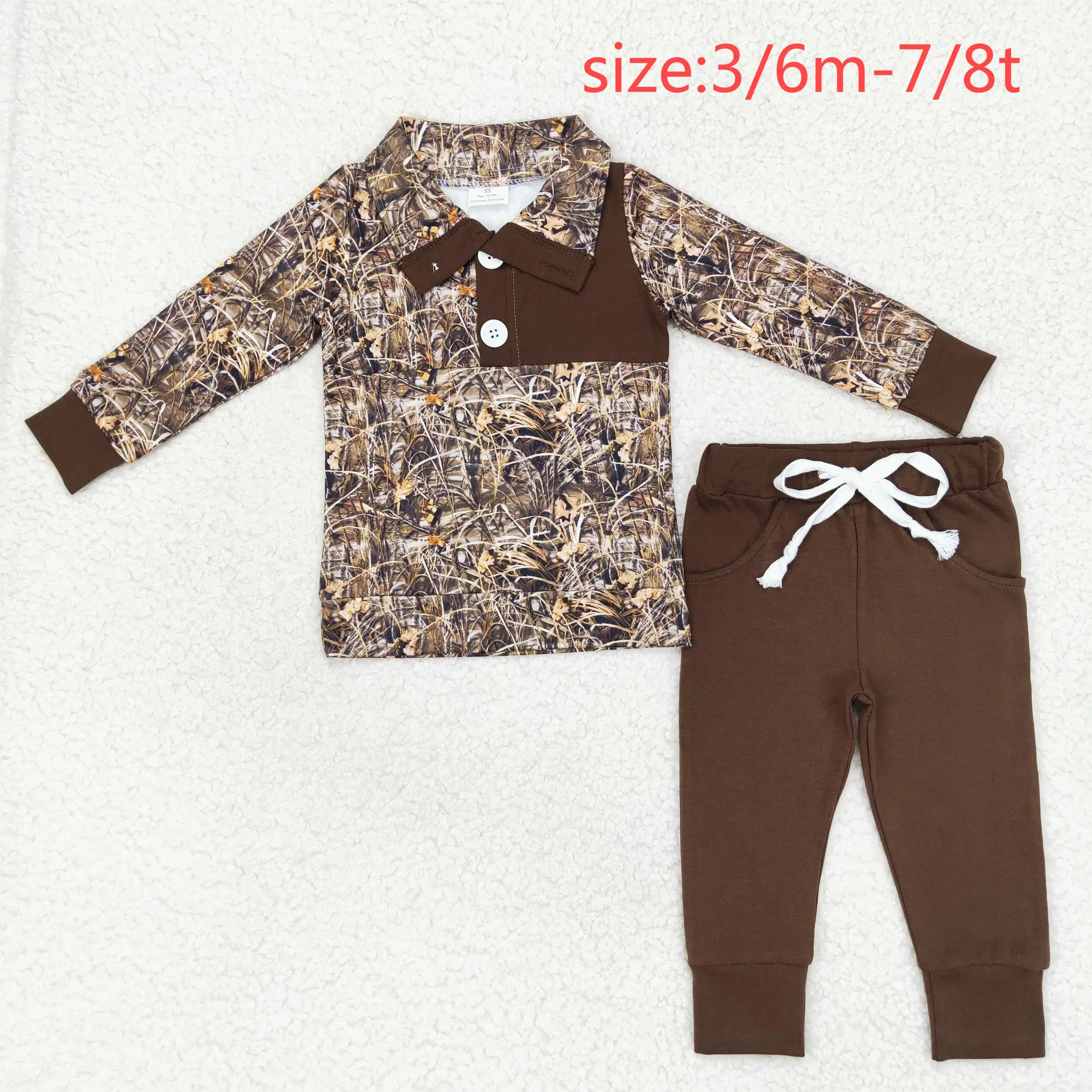 

BLP0495 Wholesale toddler boys sets Leaf camouflage button long-sleeved brown pants sets Summer Boutique baby boy clothes sets