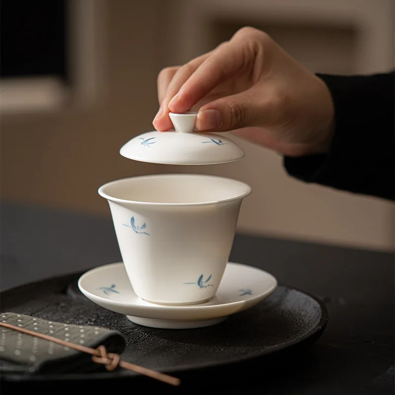 Matte Hand-painted Autumn Water Orchid Three-talent Kung Fu Tea Set Household Heaven and Earth Covered Bowl Scholar