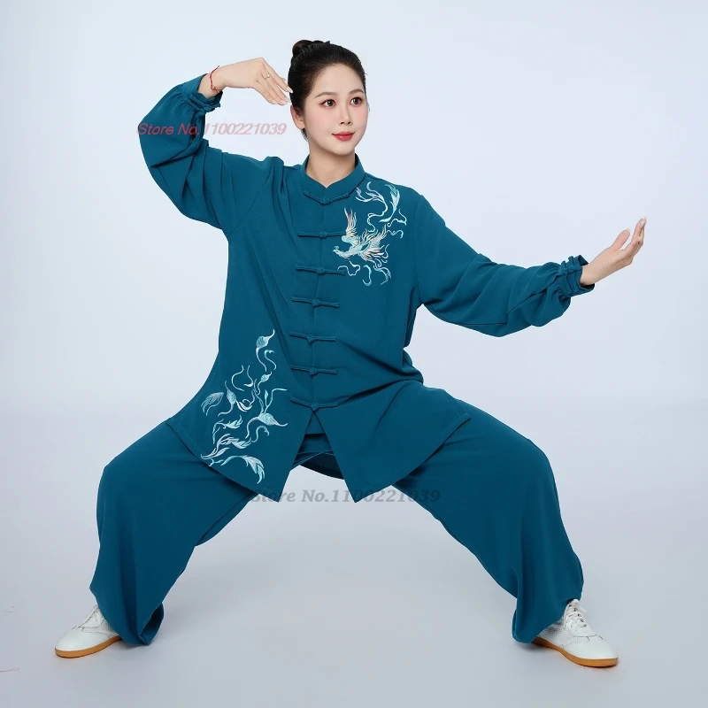 

2025 chinese vintage tai chi wushu tops+pants set phoenix embroidery martial arts tai chi training exercise team performance