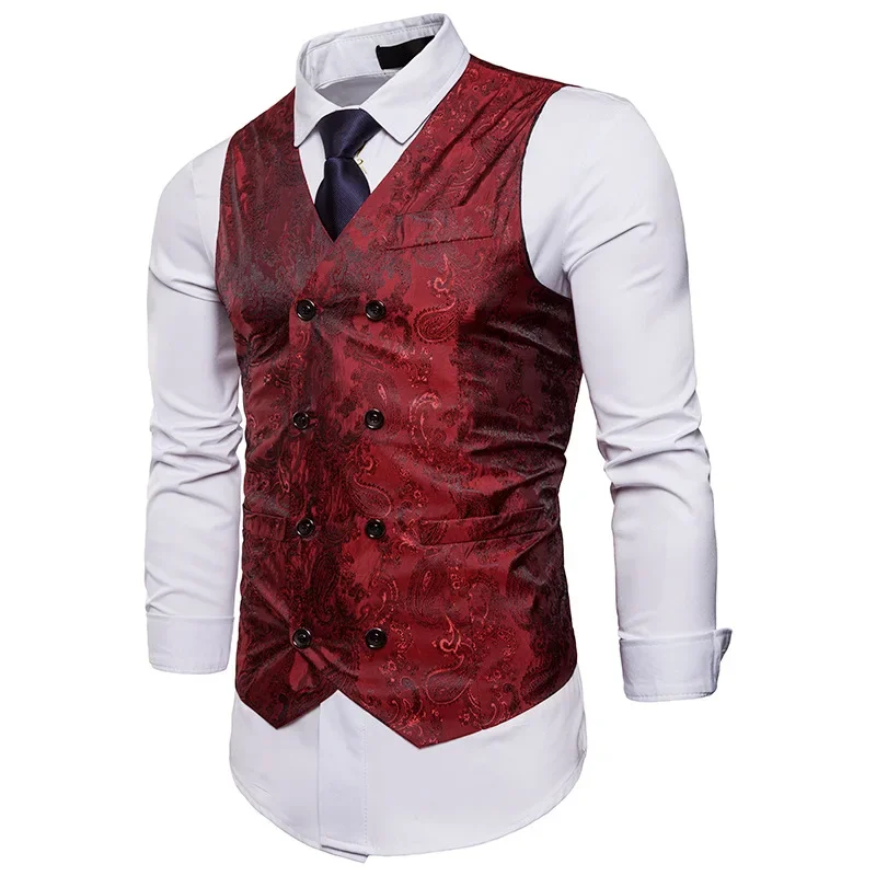 

Men's Double Breasted Vest with Sleeveless Gold-plated Slim Fit Printed Sleeveless Vest, Men's Suit, Party, Wedding Vest