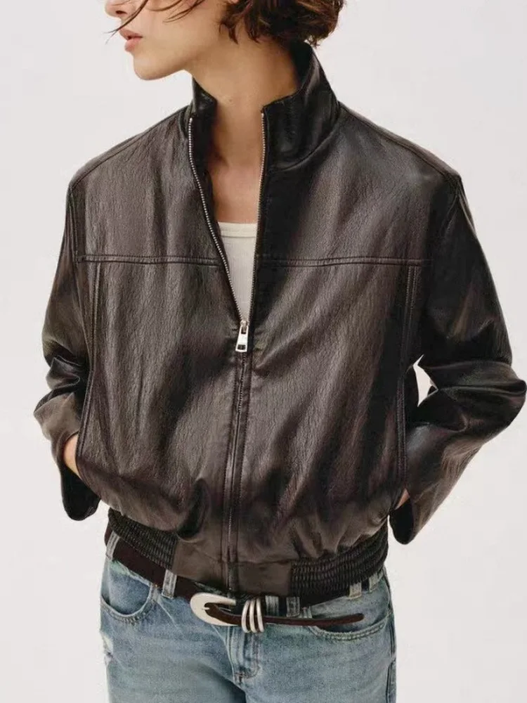 

Spring 2026 New Retro Sle Women's Casual Long Sve Faux Leather ort Pilot Jaet Outerwear Zipper Closure Stand Collar