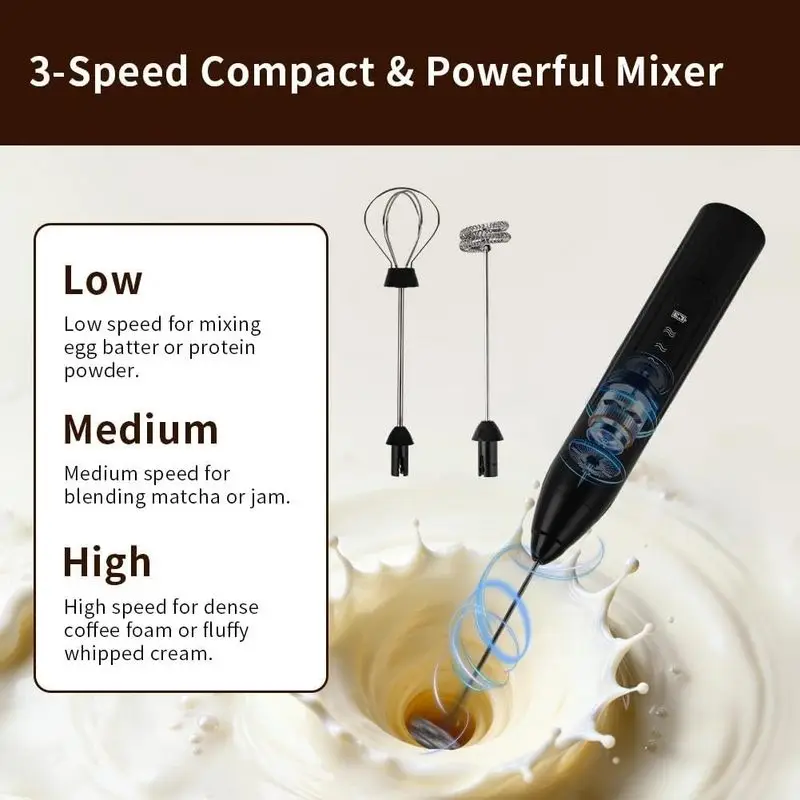 USB Rechargeable Electric Milk Frother 3‑Speed with 2 Heads, Handheld Coffee Foam Mixer for Latte Cappuccino Hot Chocolate Egg