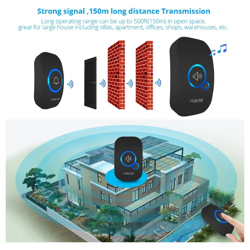 Fuers-timbre inalámbrico para puerta de casa, Kit de timbre de bienvenida a prueba de agua, inteligente, 32 canciones, melodías, sonido y LED