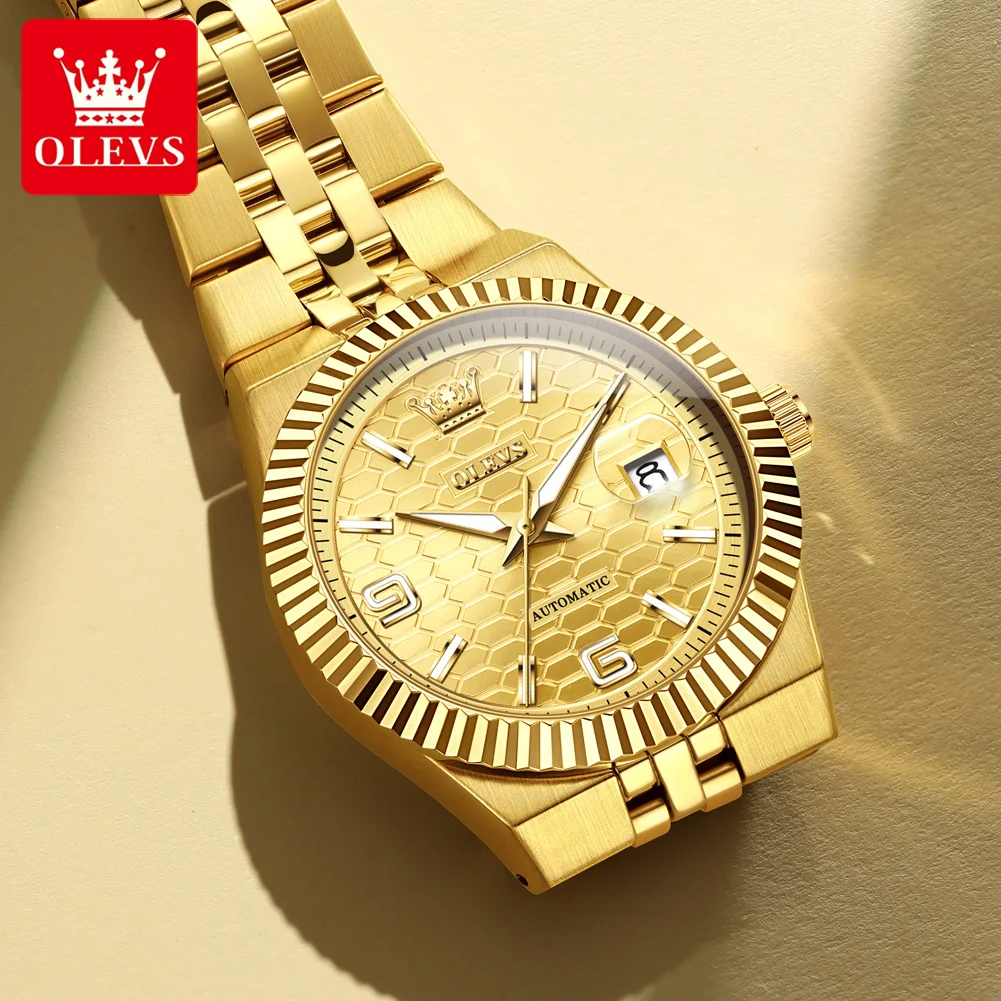 OLEVS 7105 ساعة رجالية فاخرة ذهبية جميع ساعة ميكانيكية أوتوماتيكية من الفولاذ المقاوم للصدأ مقاومة للماء تاريخ مضيء ساعة رجالية عالية Reloj #2