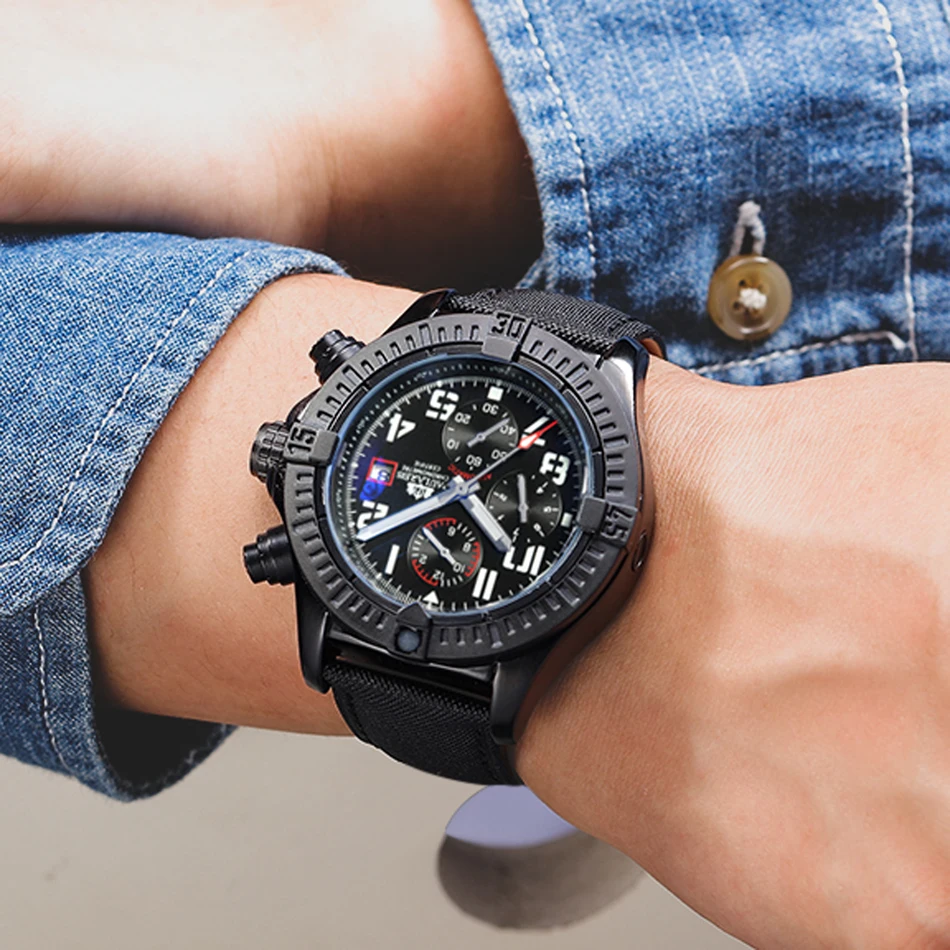 Automatic Mens Watch Self Wind Mechanical Canvas Style Genuine Black Blue Leather Multifunction Date Month Luminous Watches