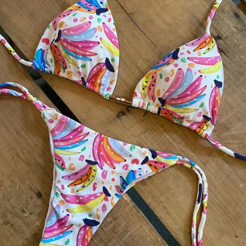 QINJOYER-Conjunto de Bikini con estampado de plátano para mujer, bañador Sexy de Tanga, traje de baño brasileño, 2023