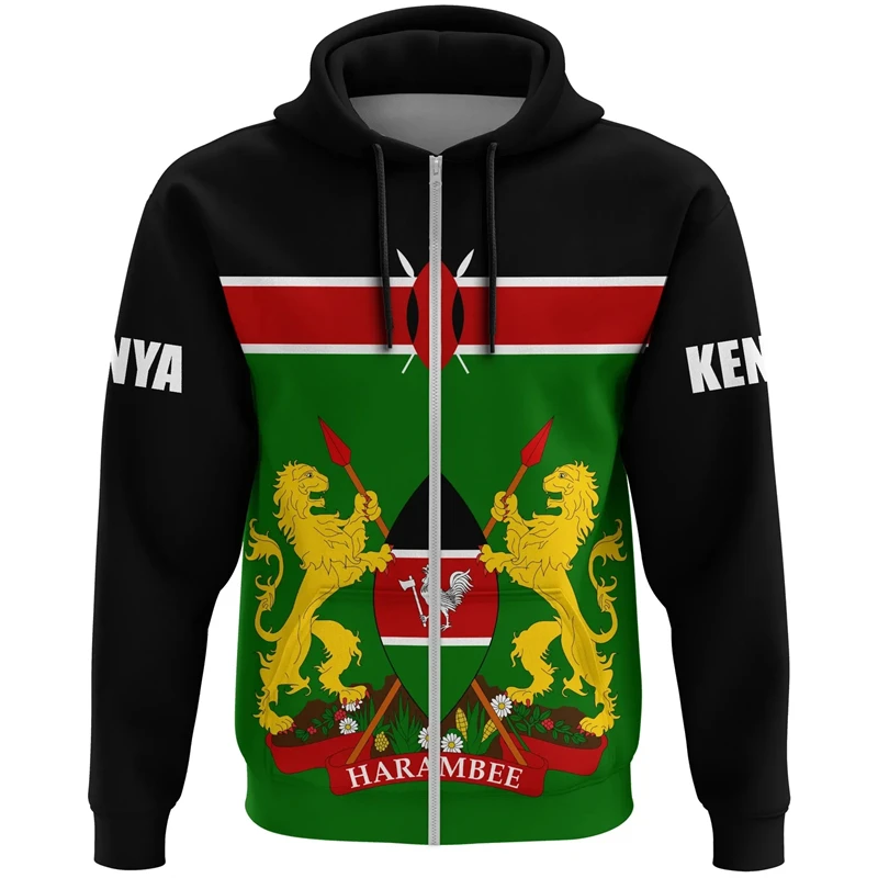 Kenya Flag 3D Printing Zip Up Hoodie For Men Clothing Kenyan National Emblem Pullovers Daily Tracksuit Boys Streetwear Kids Tops