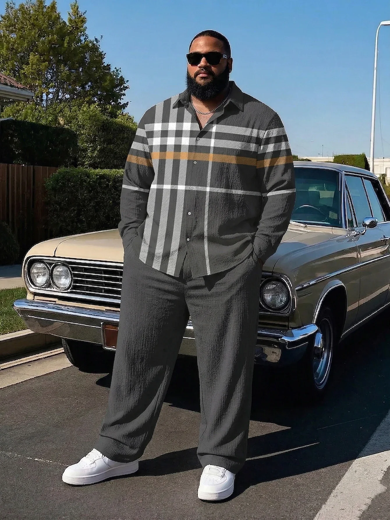 

Plus Size Men's 2-Piece Shirt And Pants Set, Long Sleeve Plaid Casual Co-ords