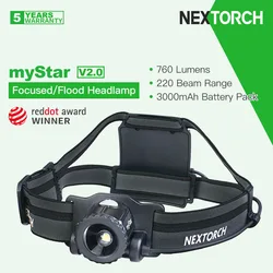 Nextorch MyStar V2.0 Rechargeable Headlamp, Spot/Flood Light Adjustable, 760 Lumens 220m Beam Range, with 3000mAh Battery Pack