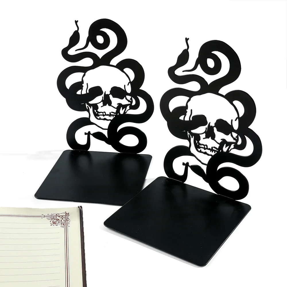 2Pcs/1Set Punk Skull Skeleton Snake Bookends Hollow Metal Desktop Retractable Book Holder Decoration Book Rests Book Support