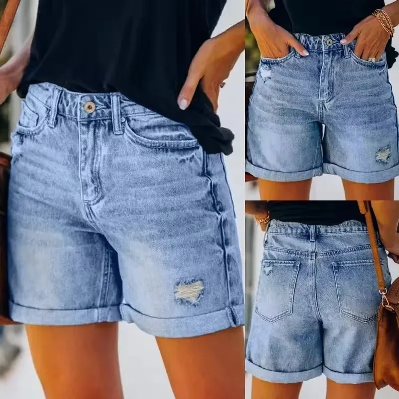 Shorts jeans soltos casuais femininos, cintura alta, perna larga, jeans reto curto, streetwear, elástico, plus size, verão, 2022