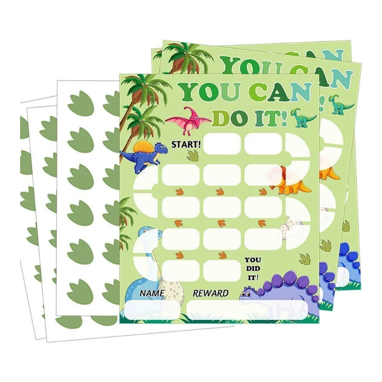Dinosaur Reward Chart Cards with Stickers-Reusable Behavior Incentive Chart Card for Classroom, Home, Potty Training Supplies